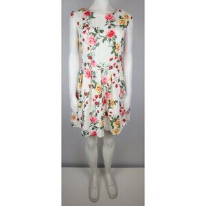 EMERALD SUNDAE - WOMEN'S WHITE FLORAL PRINT FIT & FLARE DRESS - SIZE L